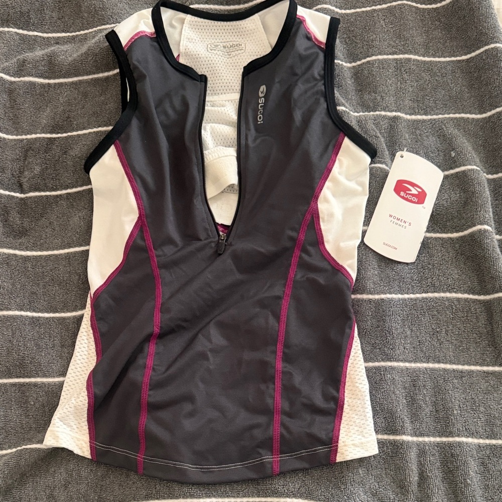 SUGOI women XS cycling sleeveless jersey  Gray White Tank with Purple Accents